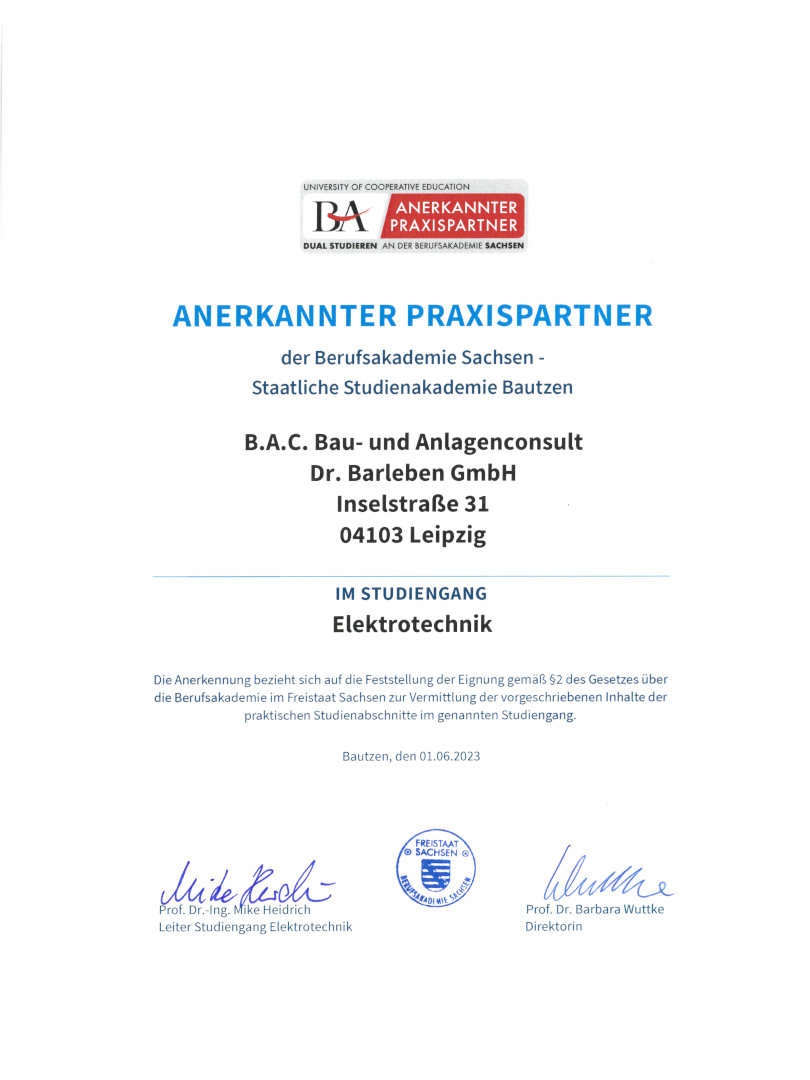 Ingenieurgruppe B.A.C. neuer Praxispartner der Berufsakademie Sachsen im Studiengang Elektrotechnik