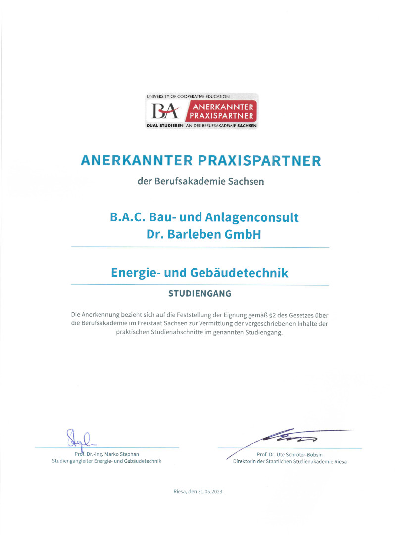 Ingenieurgruppe B.A.C. neuer Praxispartner der Berufsakademie Sachsen im Energie-und Gebäudetechnik